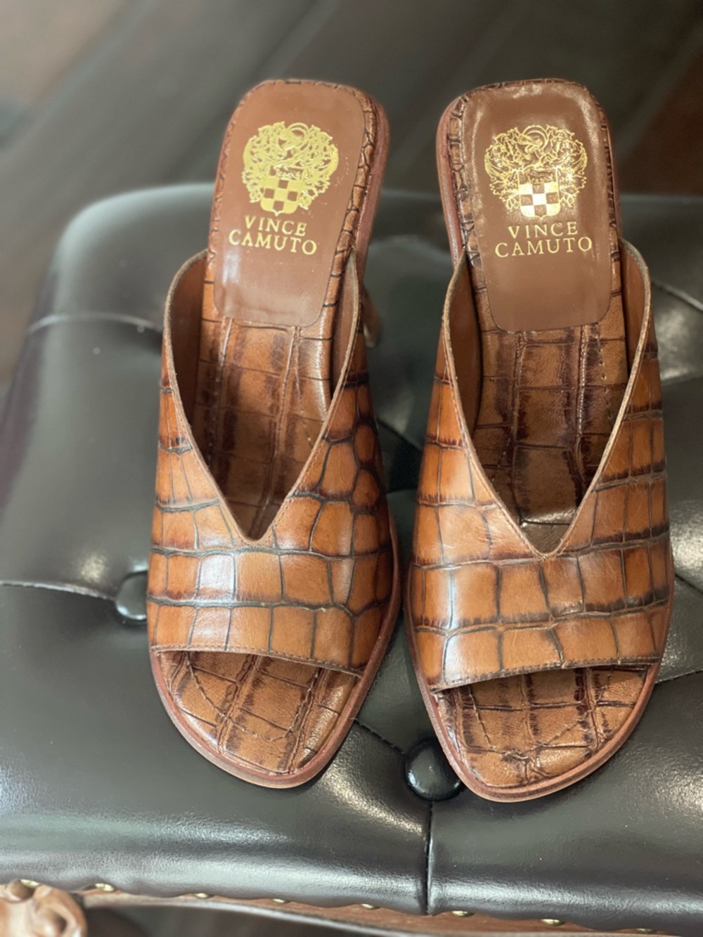 Vince Camuto Cognac Croc-Embossed Slide Mules